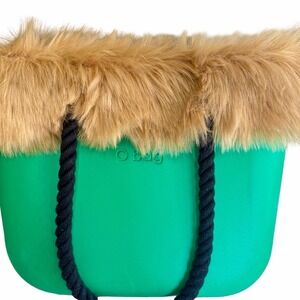 O Bag Large Green Tote Faux Fur Trim Rope Handles Made in Italy Excellent